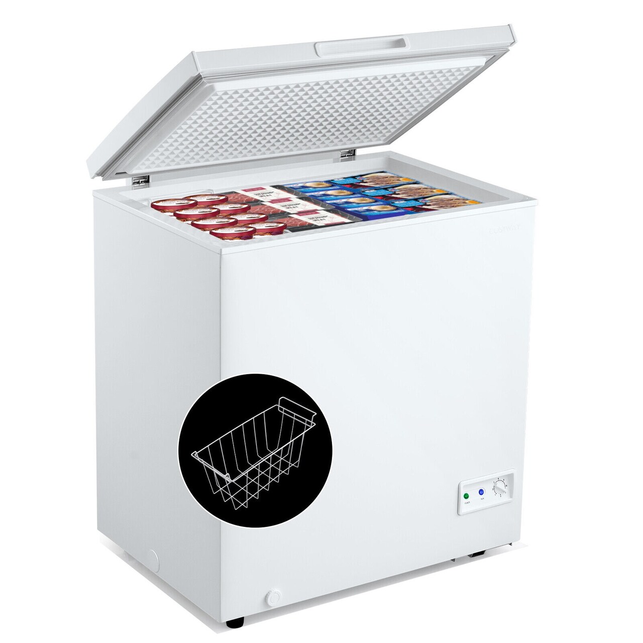 Compact Freestanding Chest Freezer with Removable Storage Basket